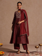 Janasya Women's Maroon Silk Blend Foil Printed Yoke Embroidered A-line Kurta Set