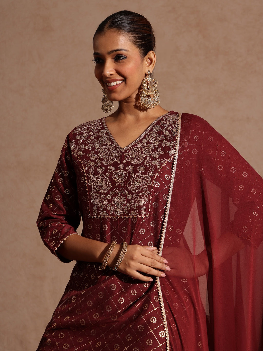 Janasya Women's Maroon Silk Blend Foil Printed Yoke Embroidered A-line Kurta Set