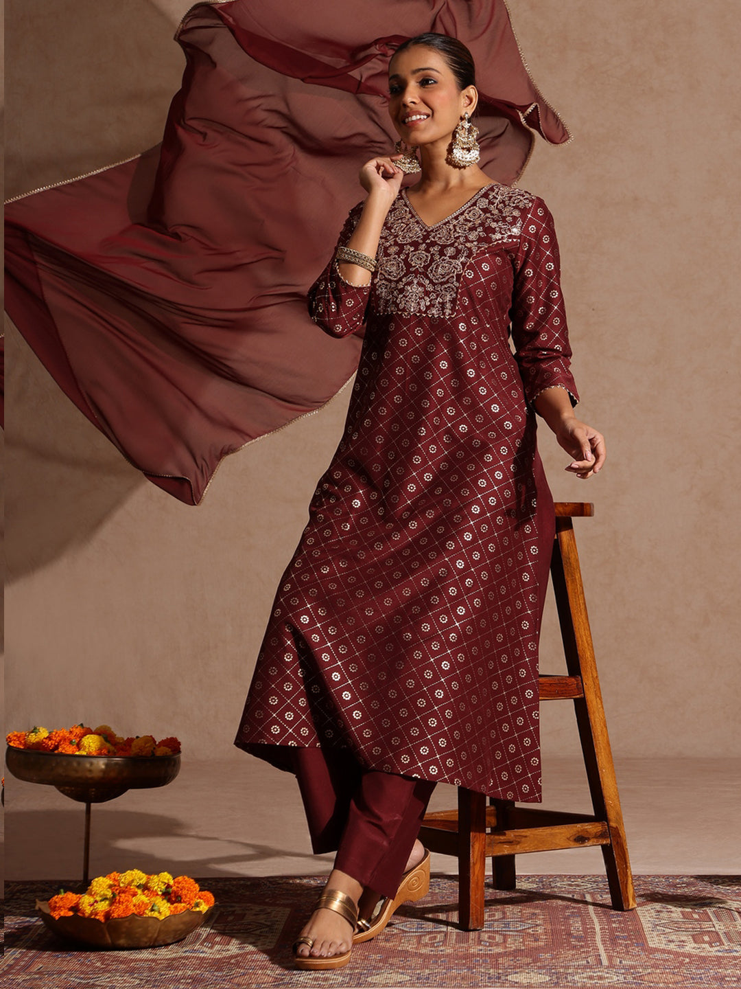 Janasya Women's Maroon Silk Blend Foil Printed Yoke Embroidered A-line Kurta Set