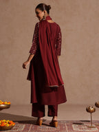 Janasya Women's Maroon Silk Blend Foil Printed Yoke Embroidered A-line Kurta Set