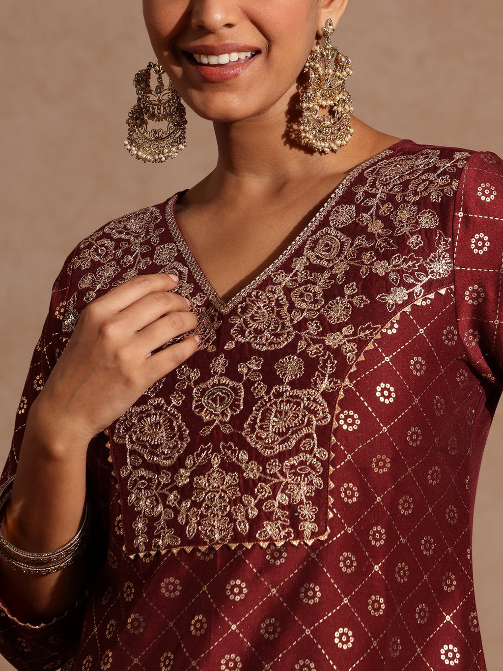 Janasya Women's Maroon Silk Blend Foil Printed Yoke Embroidered A-line Kurta Set