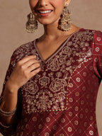 Janasya Women's Maroon Silk Blend Foil Printed Yoke Embroidered A-line Kurta Set