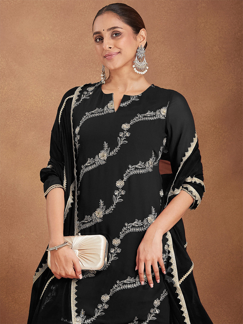 Janasya Women's Black Georgette Zari Embroidered Straight Kurta With Palazzo & Dupatta Set