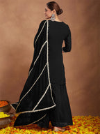 Janasya Women's Black Georgette Zari Embroidered Straight Kurta With Palazzo & Dupatta Set