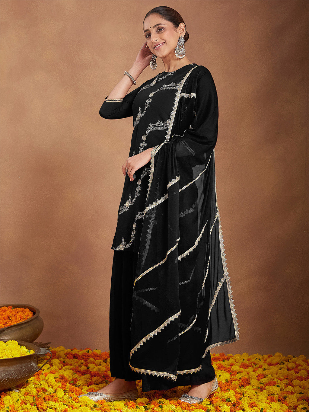 Janasya Women's Black Georgette Zari Embroidered Straight Kurta With Palazzo & Dupatta Set