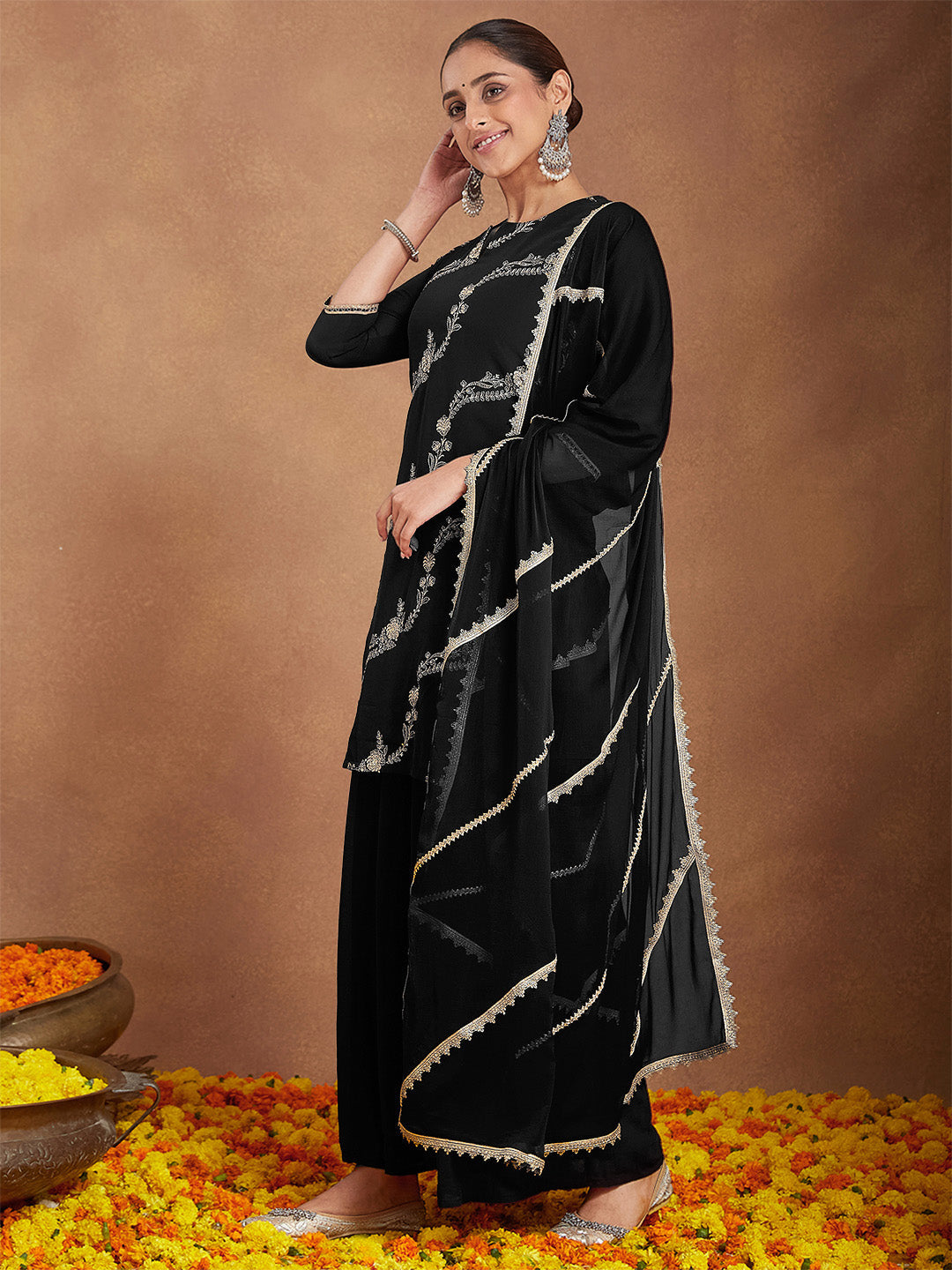 Janasya Women's Black Georgette Zari Embroidered Straight Kurta With Palazzo & Dupatta Set - qivii