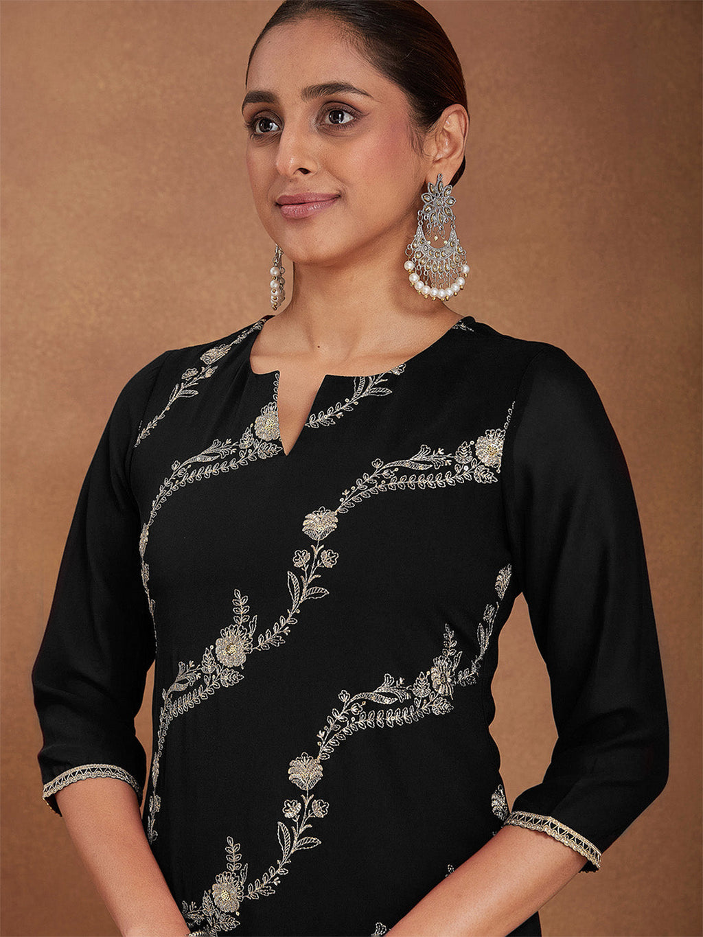 Janasya Women's Black Georgette Zari Embroidered Straight Kurta With Palazzo & Dupatta Set