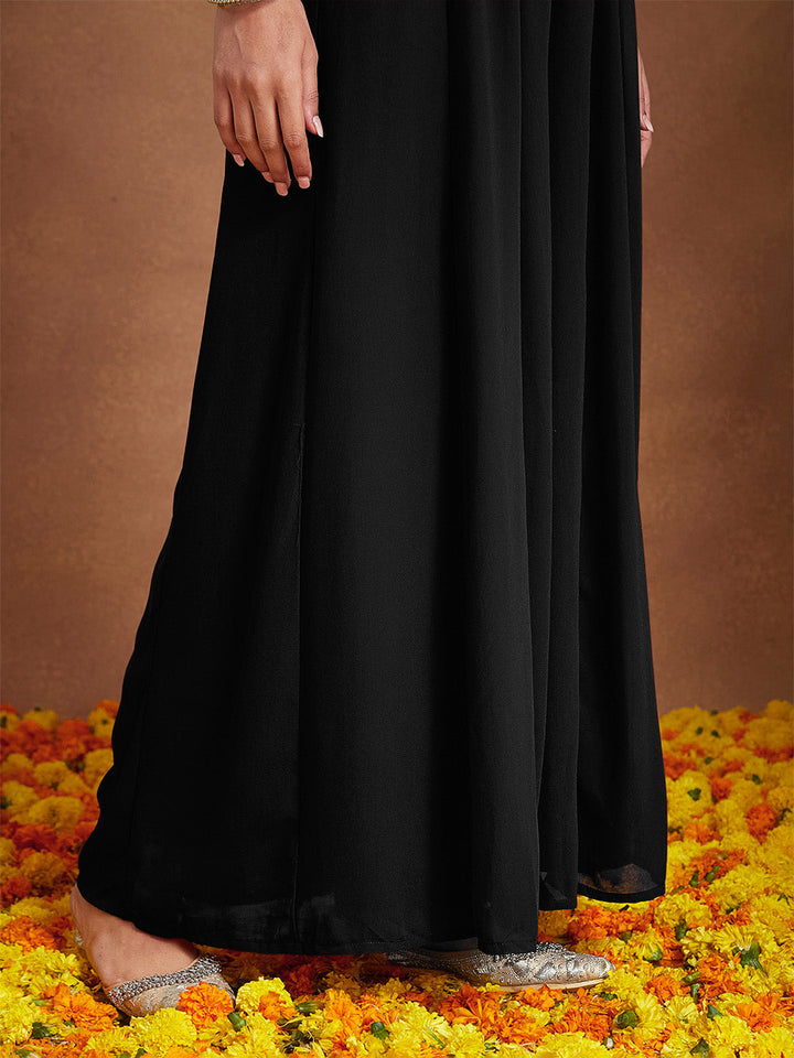 Janasya Women's Black Georgette Zari Embroidered Straight Kurta With Palazzo & Dupatta Set - qivii