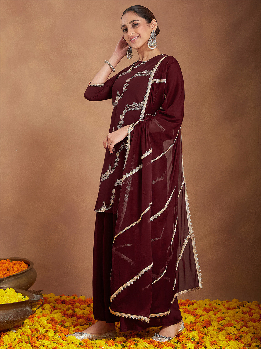 Janasya Women's Maroon Georgette Zari Embroidered Kurta With Sharara & Dupatta Set