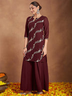 Janasya Women's Maroon Georgette Zari Embroidered Kurta With Sharara & Dupatta Set