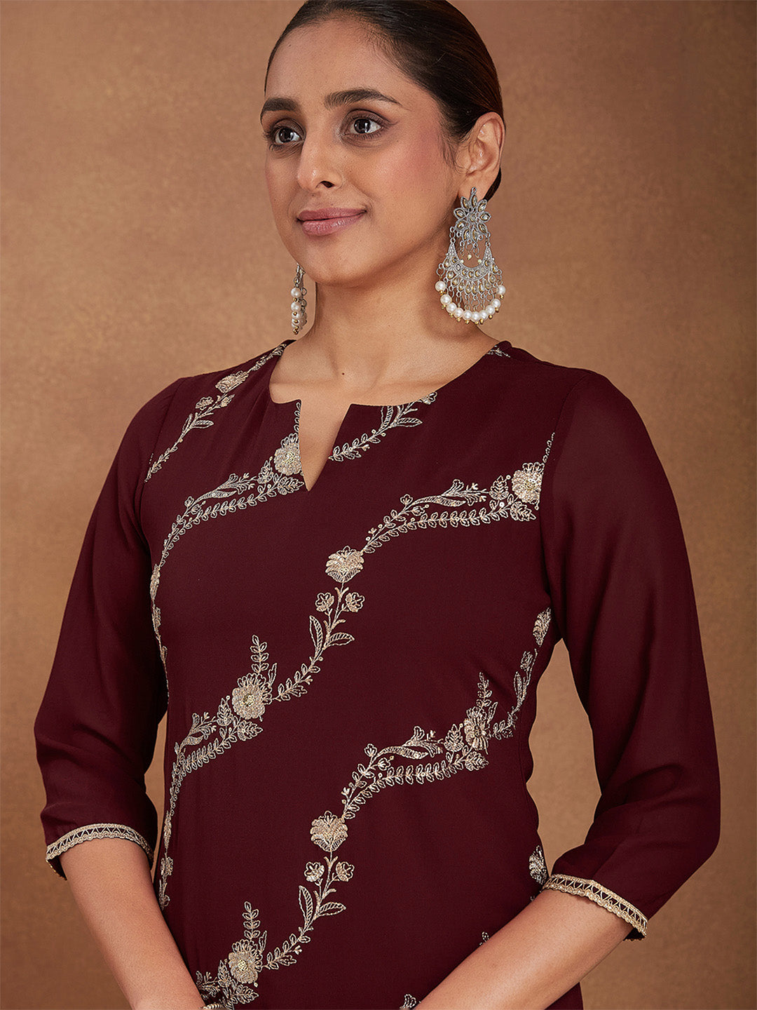 Janasya Women's Maroon Georgette Zari Embroidered Kurta With Sharara & Dupatta Set