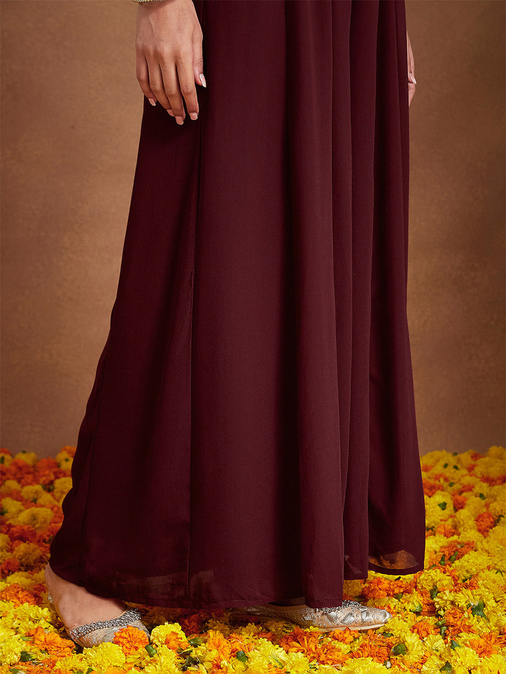 Janasya Women's Maroon Georgette Zari Embroidered Kurta With Sharara & Dupatta Set