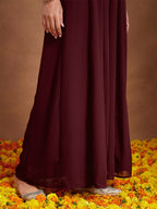 Janasya Women's Maroon Georgette Zari Embroidered Kurta With Sharara & Dupatta Set