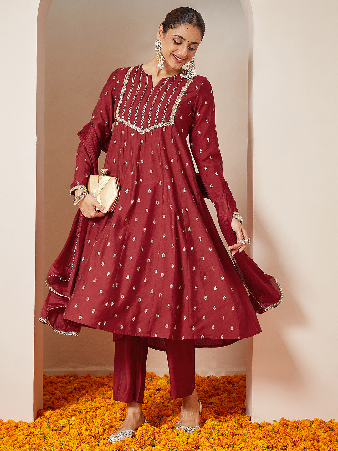 Janasya Women's Maroon Chanderi Silk Embellished Gold Printed Anarkali Kurta Set - qivii