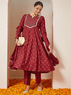 Janasya Women's Maroon Chanderi Silk Embellished Gold Printed Anarkali Kurta Set