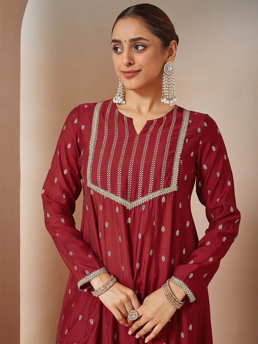 Janasya Women's Maroon Chanderi Silk Embellished Gold Printed Anarkali Kurta Set