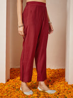 Janasya Women's Maroon Chanderi Silk Embellished Gold Printed Anarkali Kurta Set