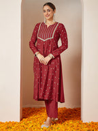 Janasya Women's Maroon Chanderi Silk Embellished Gold Printed Anarkali Kurta Set