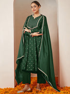 Janasya Women's Dark Green Chanderi Silk Embellished Gold Printed Anarkali Kurta Set
