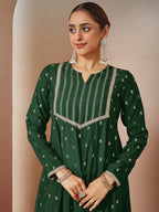 Janasya Women's Dark Green Chanderi Silk Embellished Gold Printed Anarkali Kurta Set