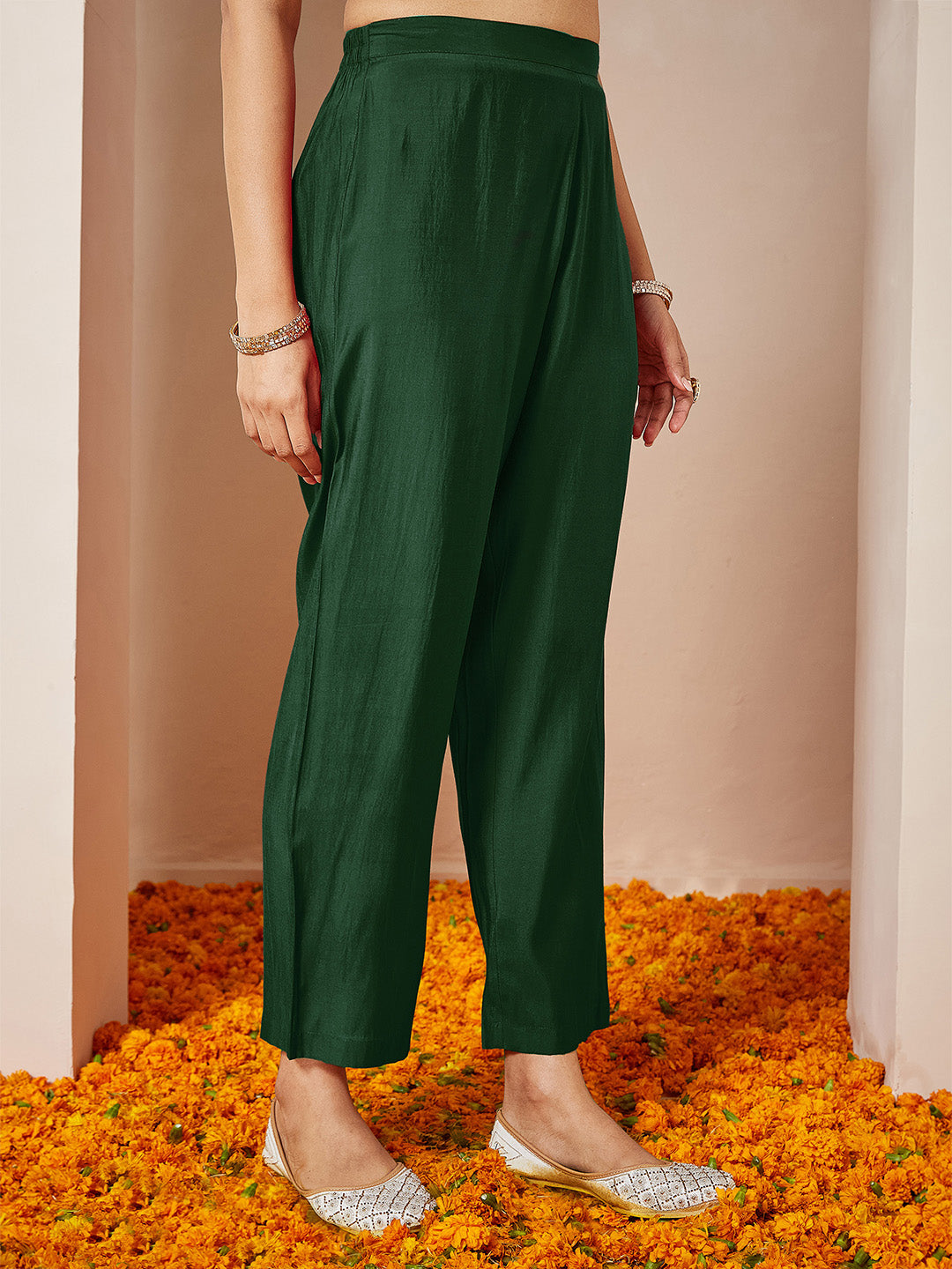 Janasya Women's Dark Green Chanderi Silk Embellished Gold Printed Anarkali Kurta Set