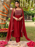 Janasya Women's Maroon Chanderi Silk Zari Embroiderd A-line Kurta Set