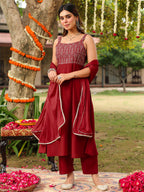 Janasya Women's Maroon Chanderi Silk Zari Embroiderd A-line Kurta Set