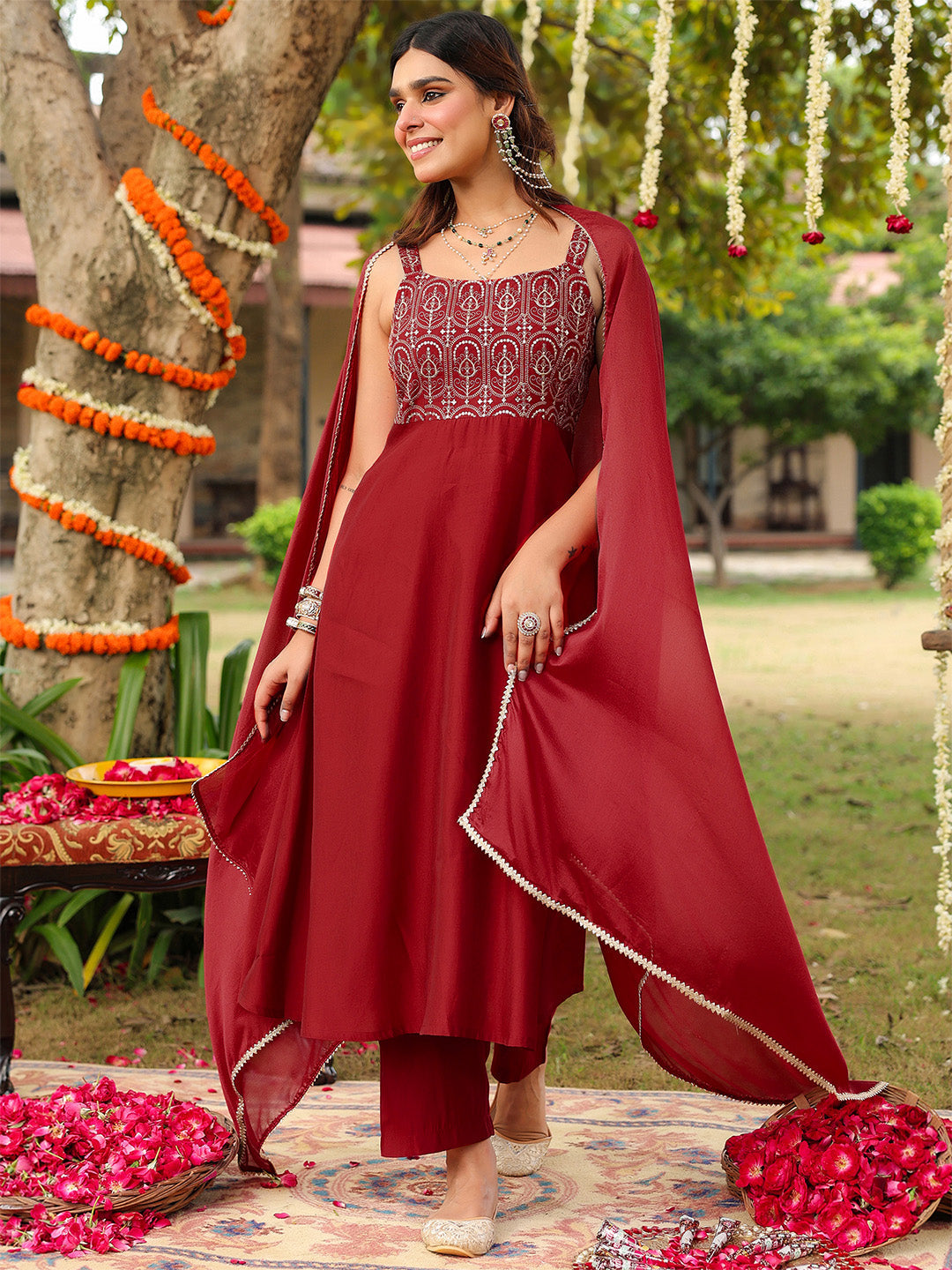 Janasya Women's Maroon Chanderi Silk Zari Embroiderd A-line Kurta Set