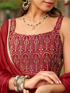 Janasya Women's Maroon Chanderi Silk Zari Embroiderd A-line Kurta Set
