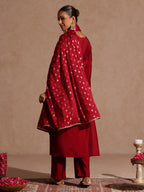 Janasya Women's Maroon Chanderi Silk Zari Yoke Embroiderde Gold Printed Kurta Set