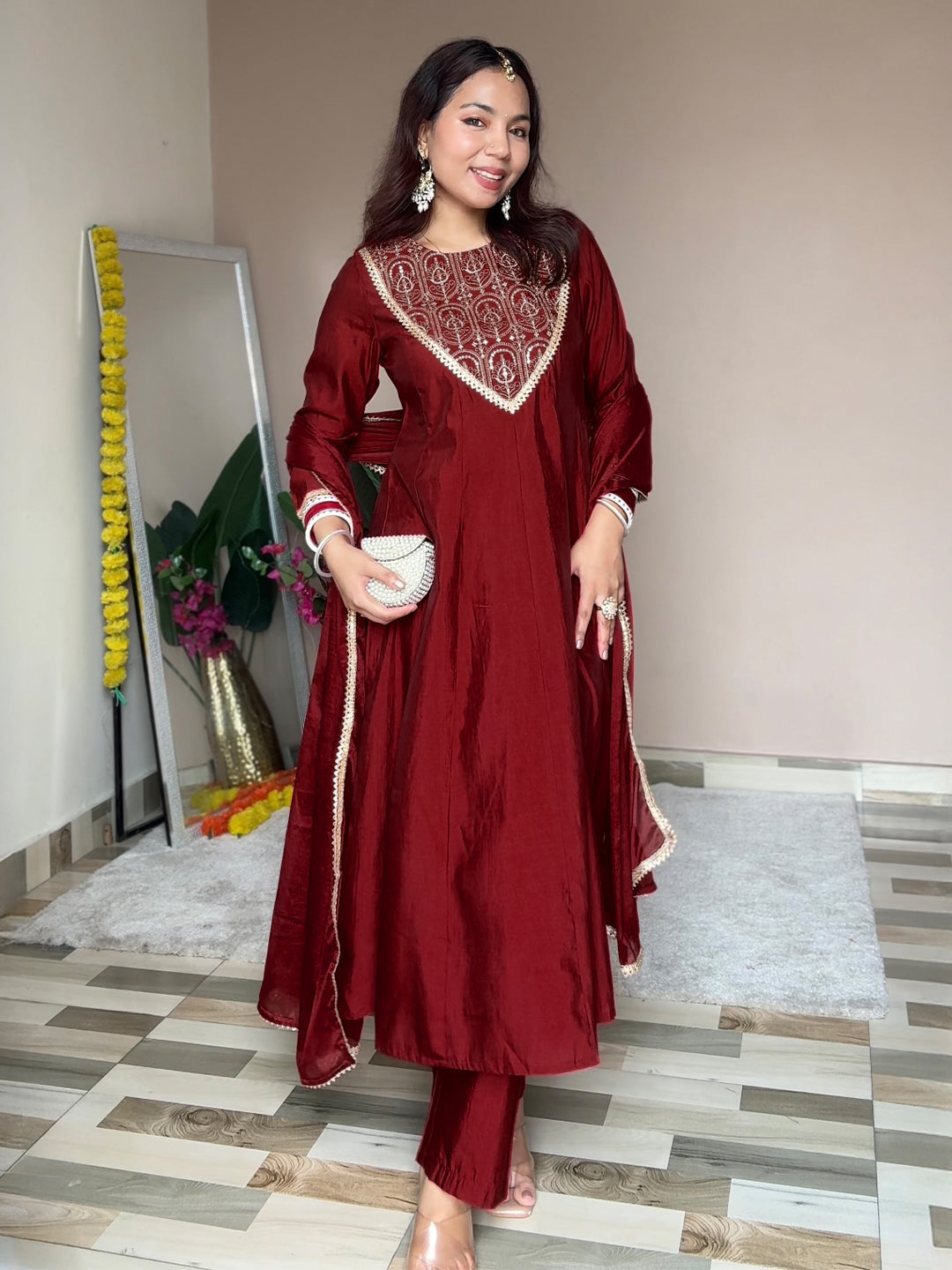 Janasya Women's Maroon Chanderi Silk Embroidered Anarkali Kurta Set - qivii