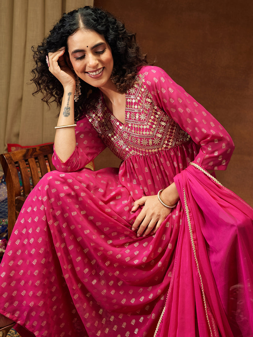 Janasya Women's Pink Georgette Embellished Gold Printed A-line Kurta With Palazzo & Dupatta Set