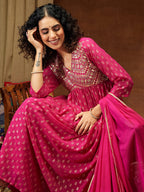 Janasya Women's Pink Georgette Embellished Gold Printed A-line Kurta With Palazzo & Dupatta Set