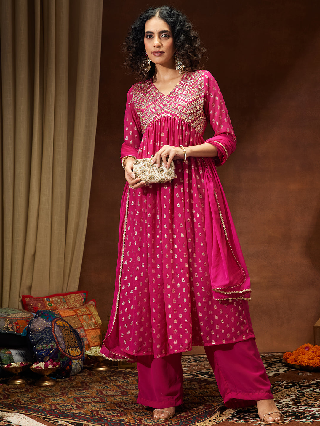 Janasya Women's Pink Georgette Embellished Gold Printed A-line Kurta With Palazzo & Dupatta Set