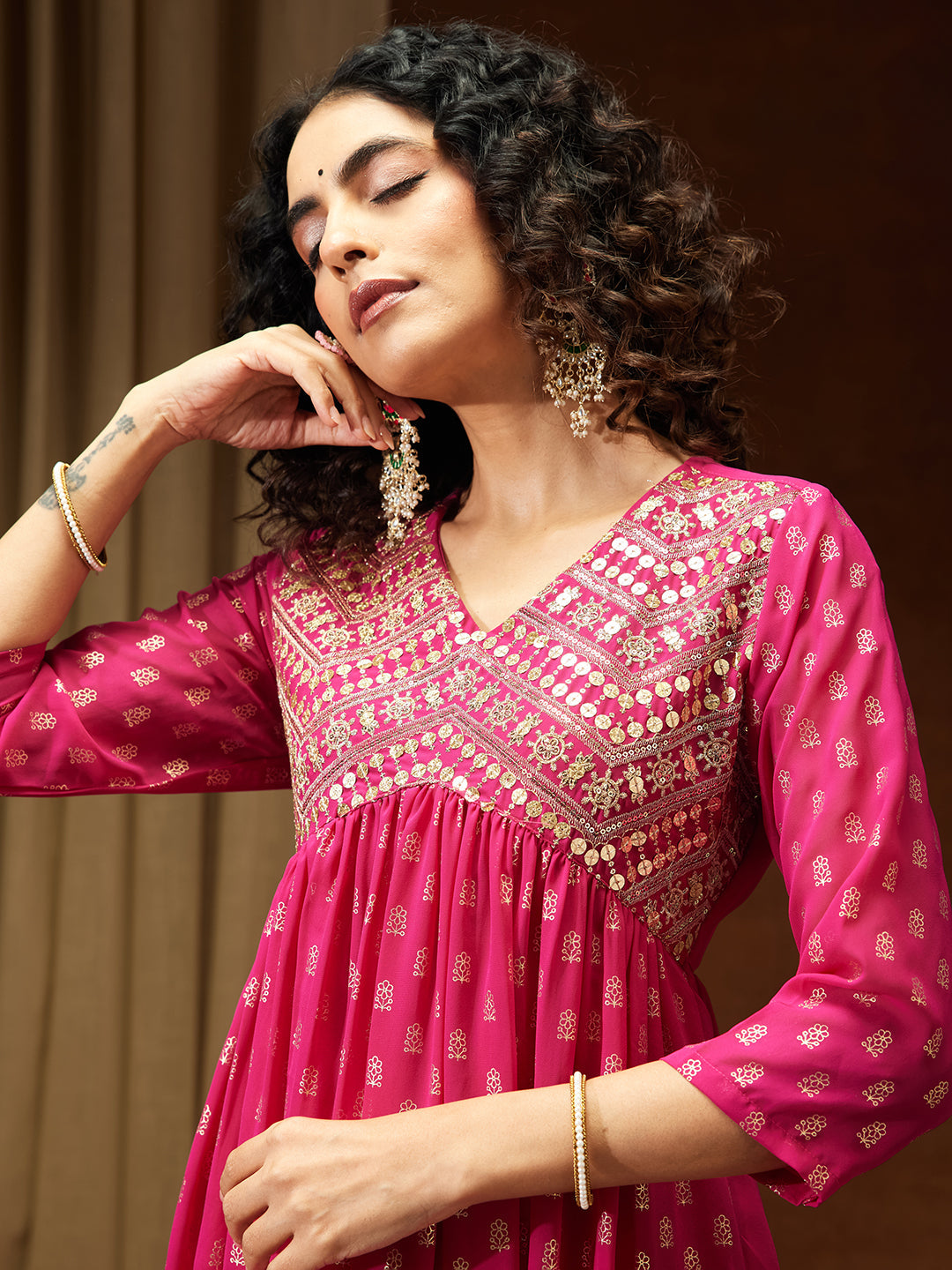 Janasya Women's Pink Georgette Embellished Gold Printed A-line Kurta With Palazzo & Dupatta Set