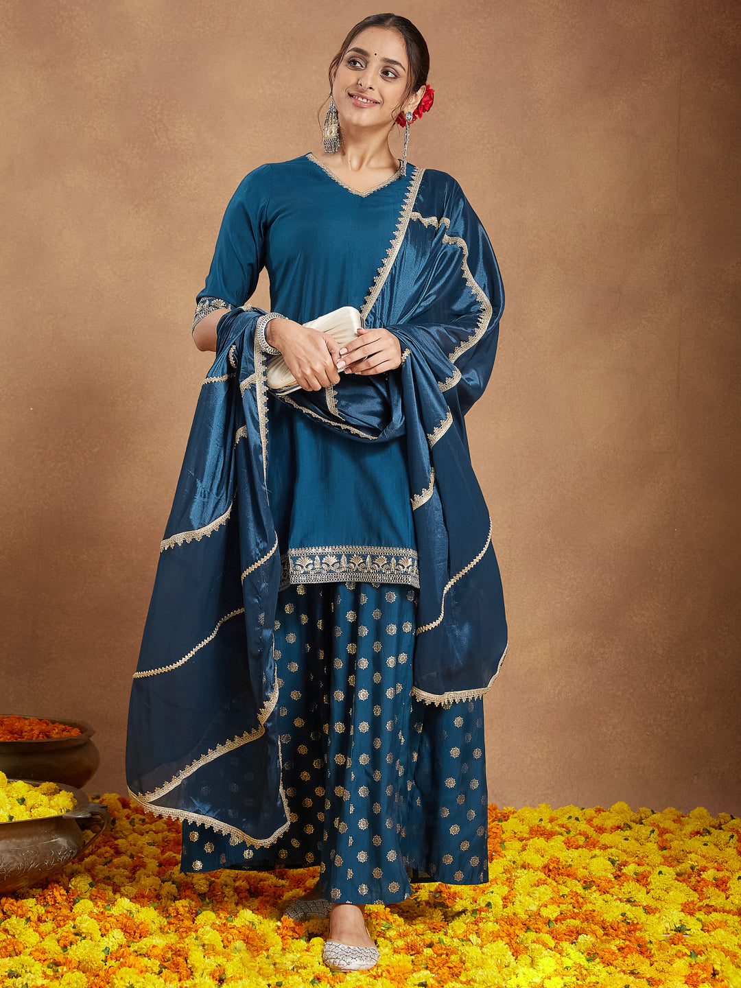 Janasya Women's Teal Blue Silk Blend Embellished Straight Kurta With Sharaa & Dupatta Set