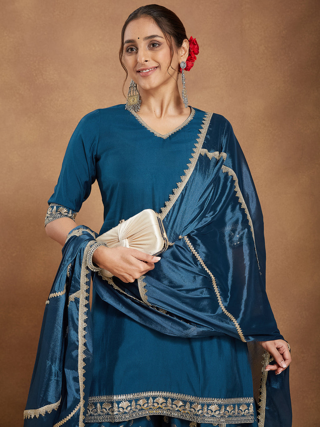 Janasya Women's Teal Blue Silk Blend Embellished Straight Kurta With Sharaa & Dupatta Set