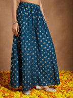 Janasya Women's Teal Blue Silk Blend Embellished Straight Kurta With Sharaa & Dupatta Set