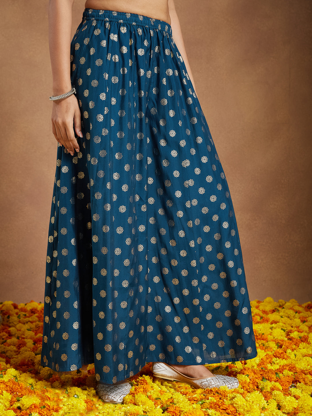 Janasya Women's Teal Blue Silk Blend Embellished Straight Kurta With Sharaa & Dupatta Set