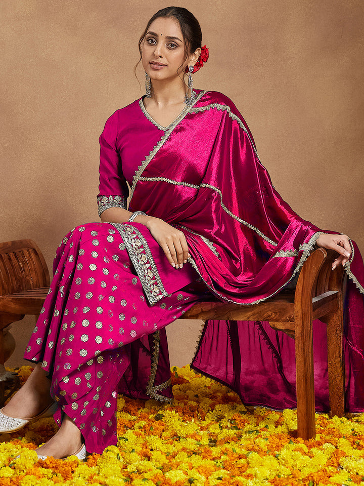 Janasya Women's Pink Silk Blend Embellished Straight Kurta With Sharara & Dupatta Set - qivii