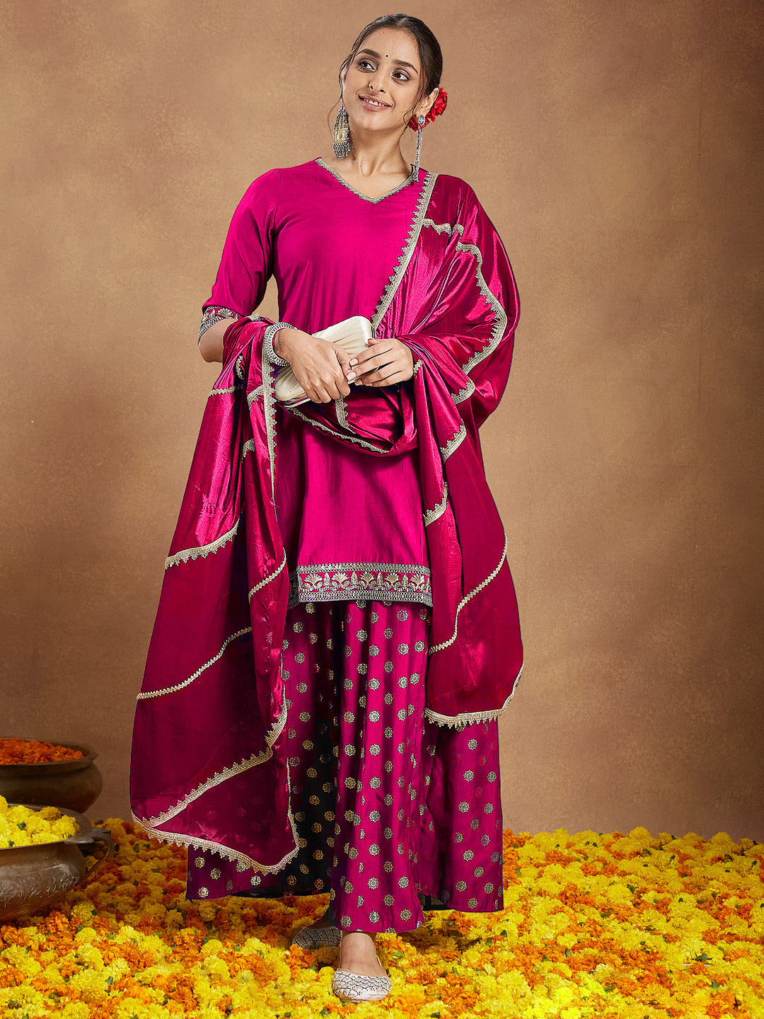 Janasya Women's Pink Silk Blend Embellished Straight Kurta With Sharara & Dupatta Set