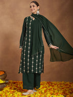 Janasya Women's Green Georgette Zari Embroidered Straight Kurta With Palazzo & Dupatta Set