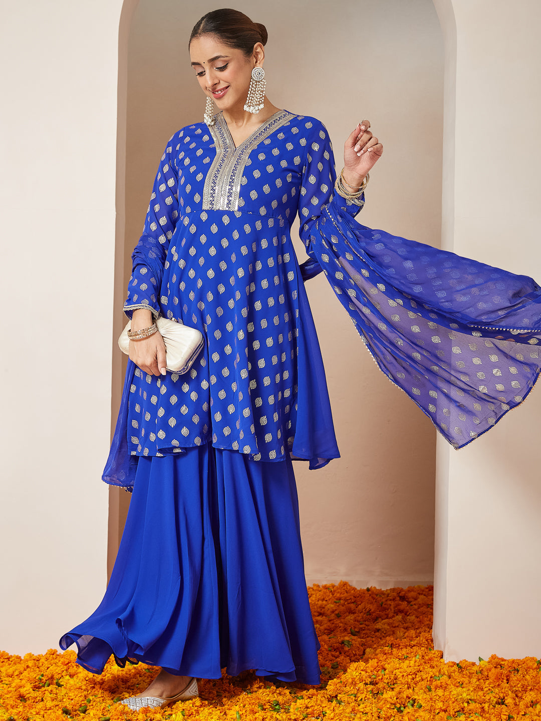 Janasya Women's Royal Blue Georgette Embellished Gold Printed A-line Kurta With Sharara & Dupatta Set