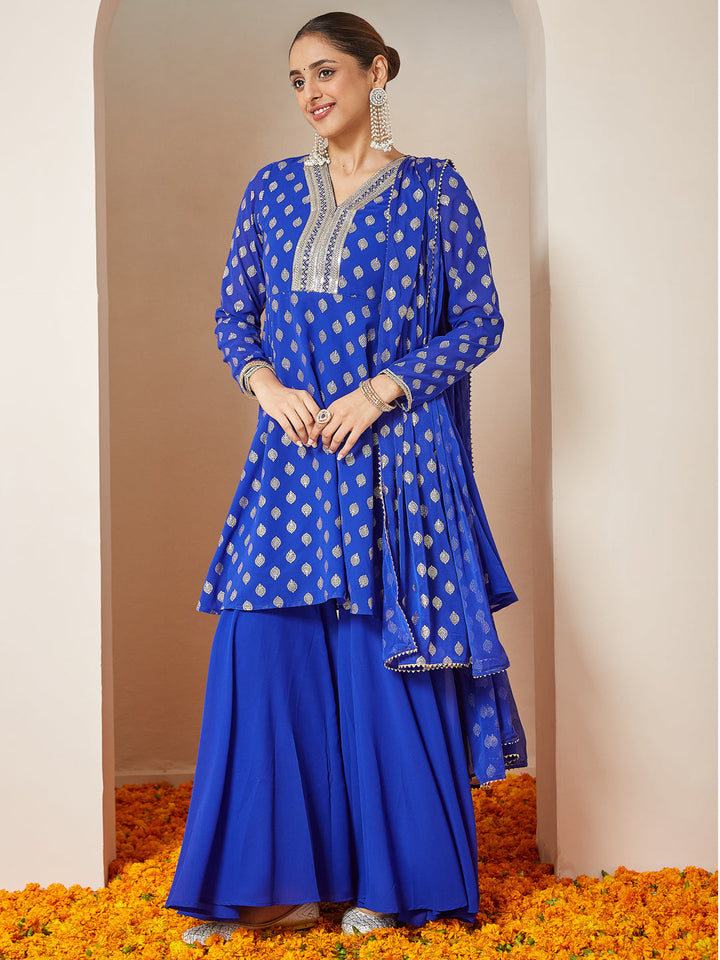 Janasya Women's Royal Blue Georgette Embellished Gold Printed A-line Kurta With Sharara & Dupatta Set - qivii