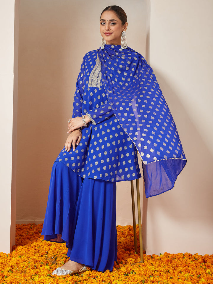 Janasya Women's Royal Blue Georgette Embellished Gold Printed A-line Kurta With Sharara & Dupatta Set - qivii