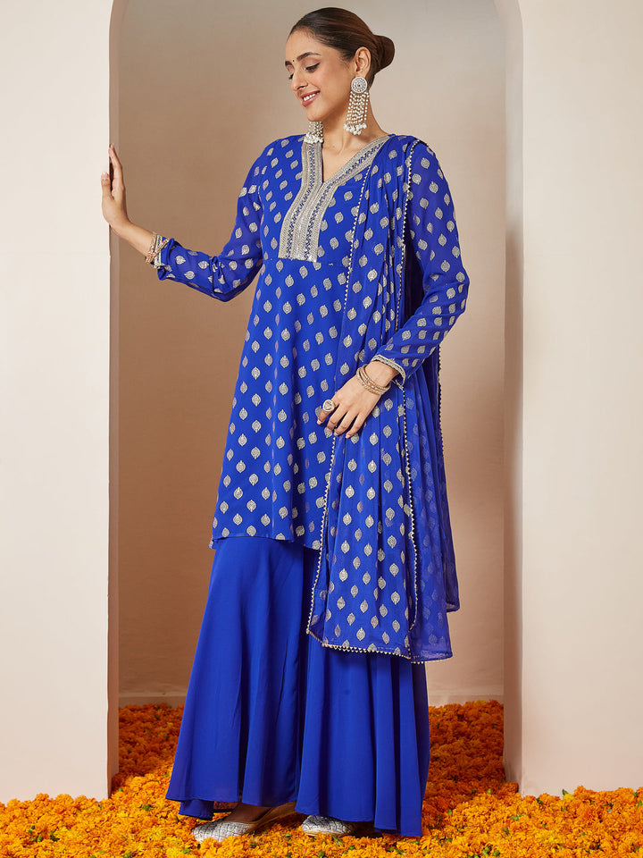 Janasya Women's Royal Blue Georgette Embellished Gold Printed A-line Kurta With Sharara & Dupatta Set - qivii