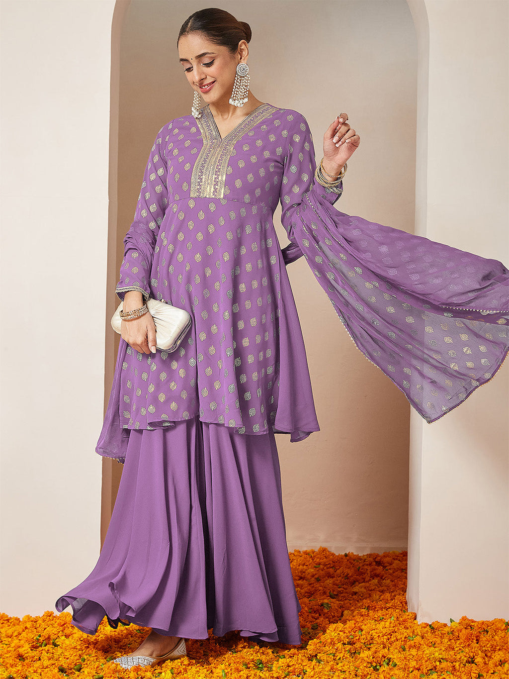 Janasya Women's Purple Georgette Embellished Gold Printed A-line Kurta With Sharara & Dupatta Set