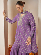 Janasya Women's Purple Georgette Embellished Gold Printed A-line Kurta With Sharara & Dupatta Set