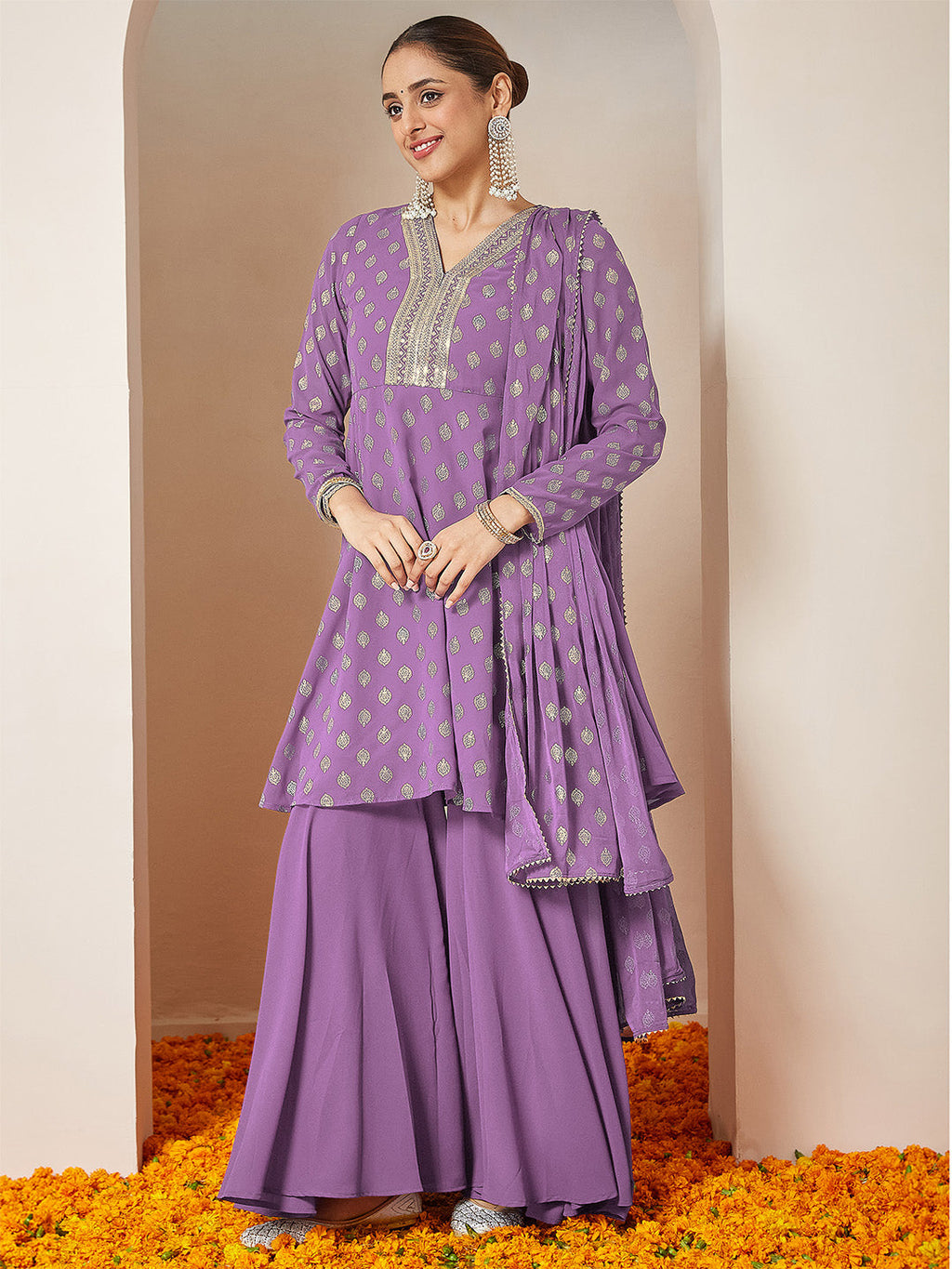 Janasya Women's Purple Georgette Embellished Gold Printed A-line Kurta With Sharara & Dupatta Set