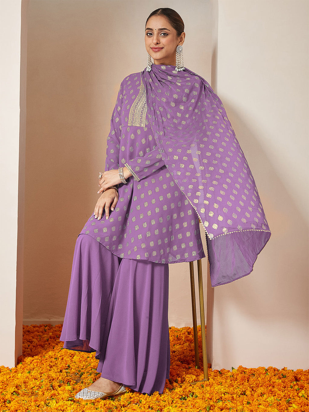 Janasya Women's Purple Georgette Embellished Gold Printed A-line Kurta With Sharara & Dupatta Set